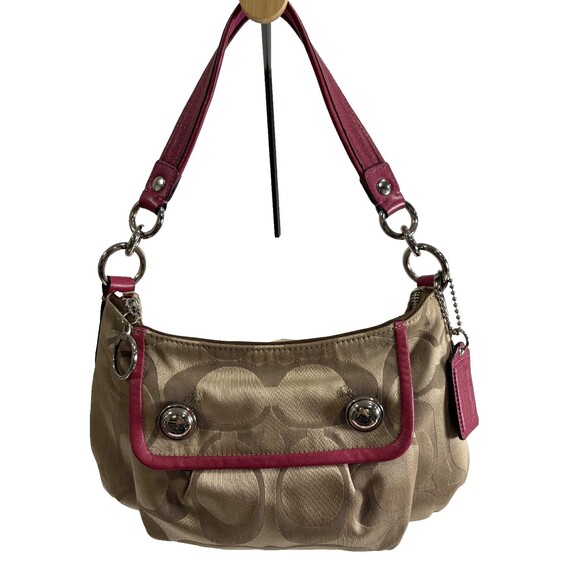 Coach Signature C Satchel Beige / Leather Hot Pink Trim Arm Handbag Crossbody - Picture 1 of 10